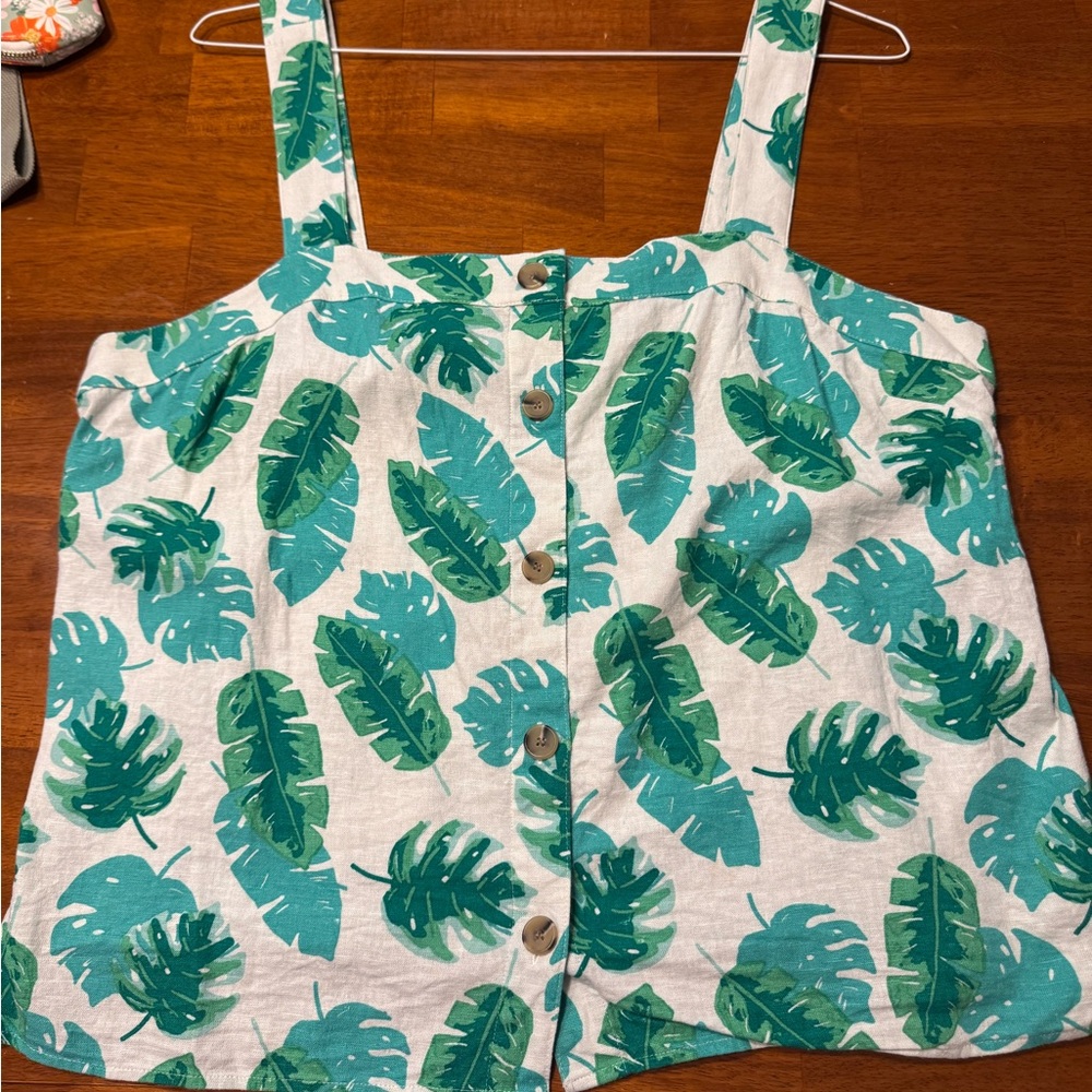 J. Crew Cream and Green Linen Boxy Tank Top